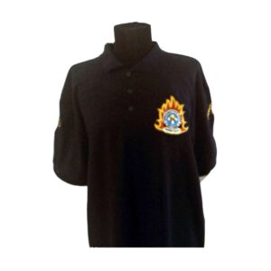 Black polo shirt with logo.