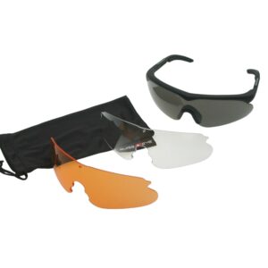 Sunglasses with replacement lenses and case.