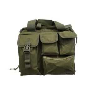 Green military bag with many pockets.