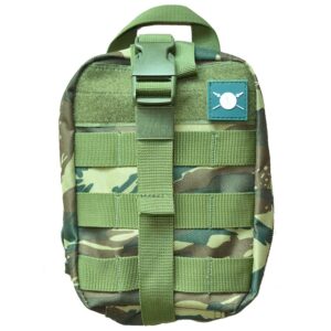Green military bag with camouflage design.