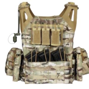 Military camouflage vest with magazines.