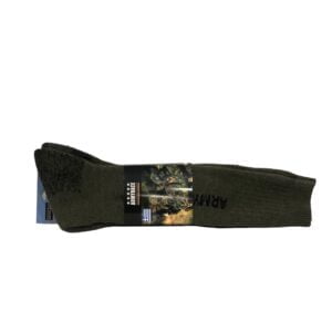 Green military style socks with packaging.