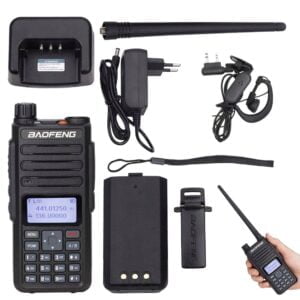 Baofeng portable radio with accessories.