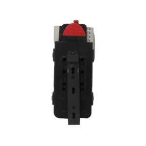 Black electronic device with red button.