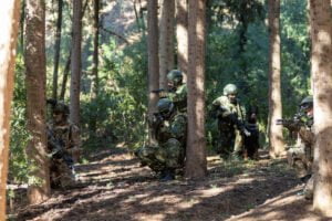 Στρατιώτες σε άσκηση στο δάσος.