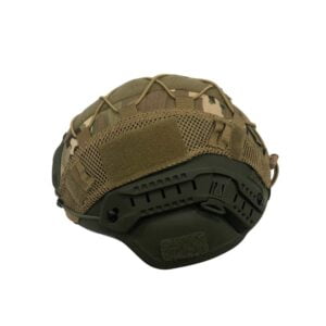 Green military combat helmet with fabric details.