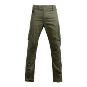 Green tactical trousers with pockets.