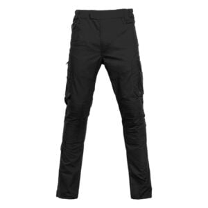 Black trousers with pockets, paramilitary style.