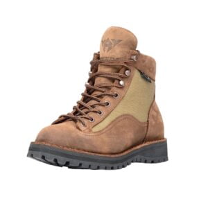 Brown leather hiking boots with laces.
