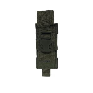 Green military holster with buckle.