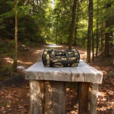 Ταξιδιωτική τσάντα σε καμουφλάζ πάνω σε ξύλινο τραπέζι σε δάσος.